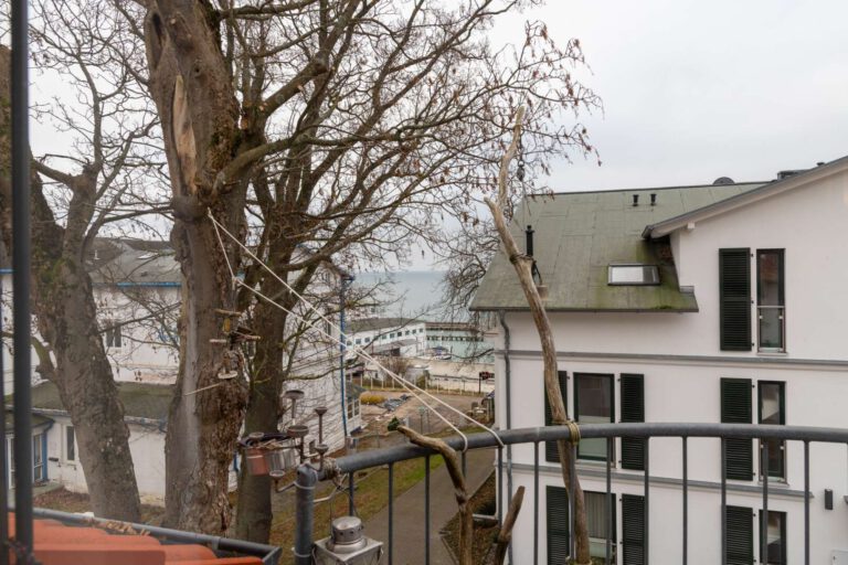 Der sonnige Balkon mit Blick zum Wasser