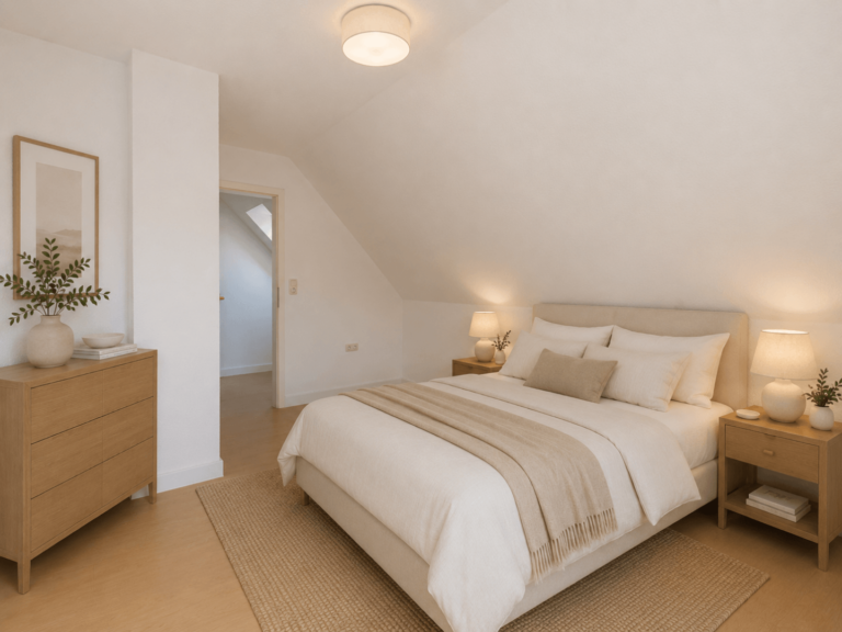 Das ruhige Master-Schlafzimmer mit eigenem Badezimmer