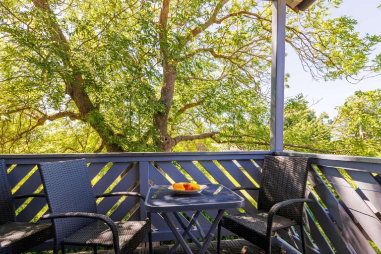 Der geschützte Balkon mit Blick ins Grüne